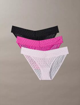 Bikini de talle bajo con encaje y logotipo Icon, paquete de 3