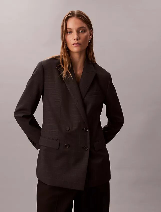 Blazer holgado de mezcla de lana con estampado de pata de gallo Blazer holgado de mezcla de lana con estampado de pata de gallo
