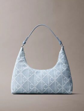 Bolso de hombro de Denim con el logotipo del emblema por toda la superficie