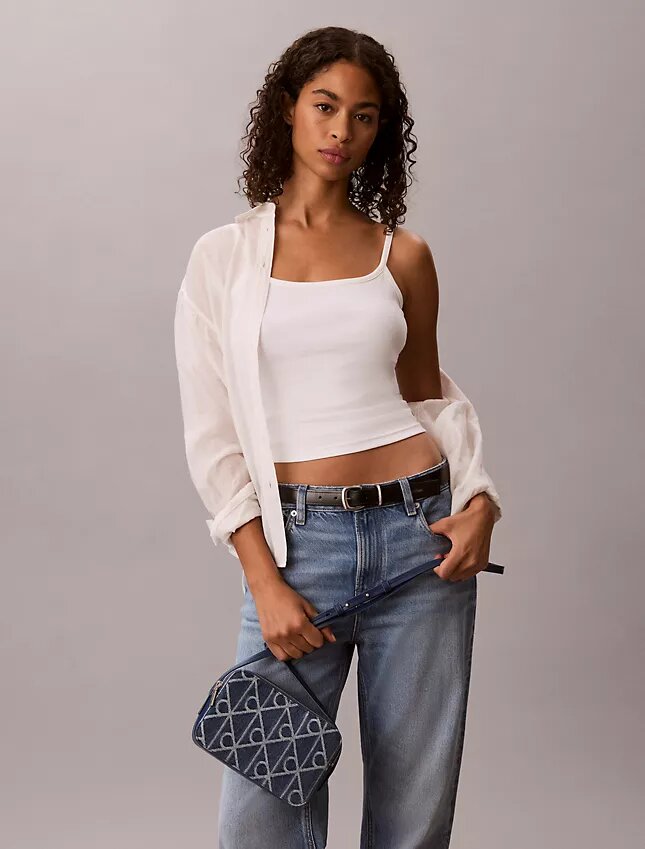 Bolso para cámara de Denim con logotipo en todo el diseño Bolso para cámara de Denim con logotipo en todo el diseño
