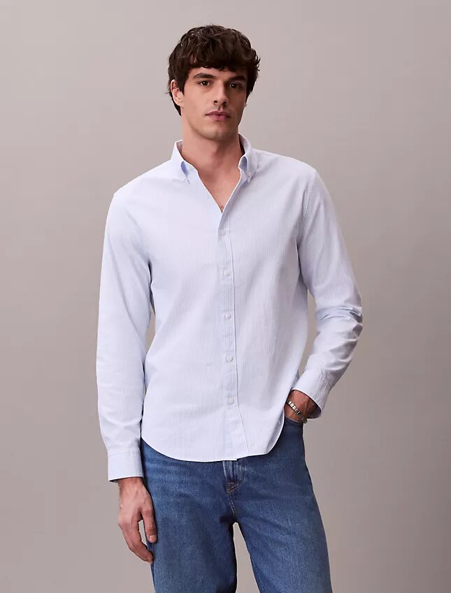 Camisa clásica de algodón elástico a rayas con cuello abotonado Camisa clásica de algodón elástico a rayas con cuello abotonado