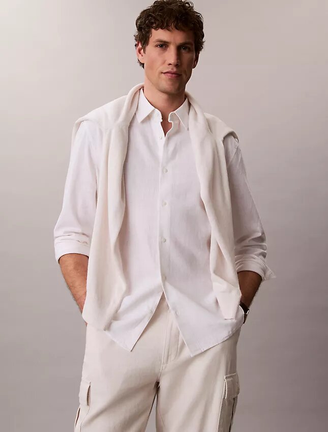 Camisa clásica de lino y algodón con botones Camisa clásica de lino y algodón con botones