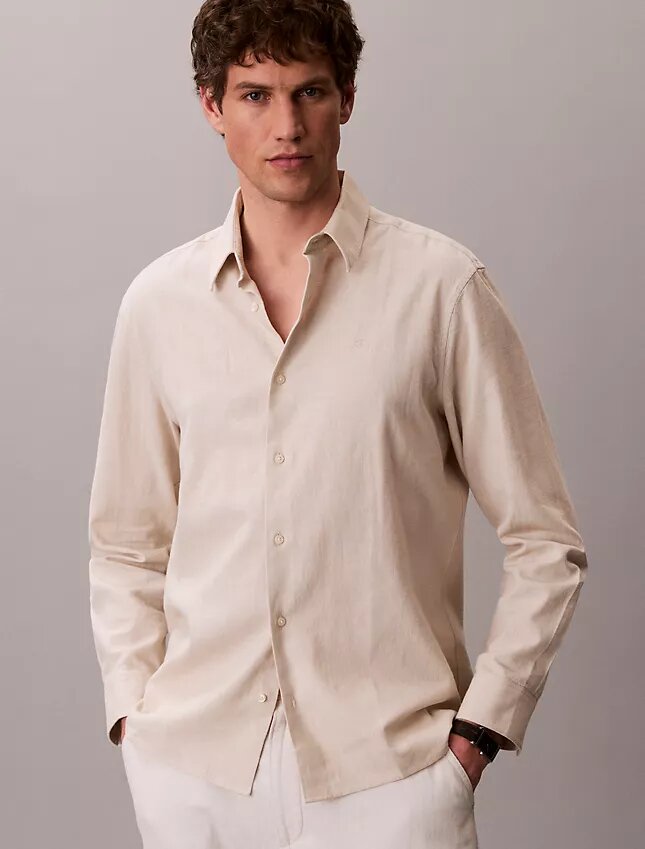 Camisa clásica de lino y algodón con botones Camisa clásica de lino y algodón con botones