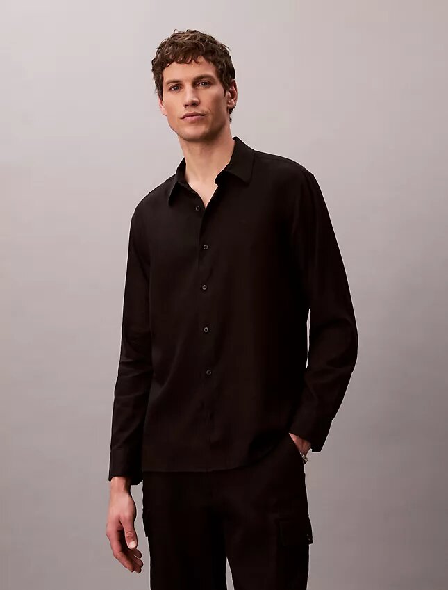 Camisa clásica de mezcla de lino liso Camisa clásica de mezcla de lino liso
