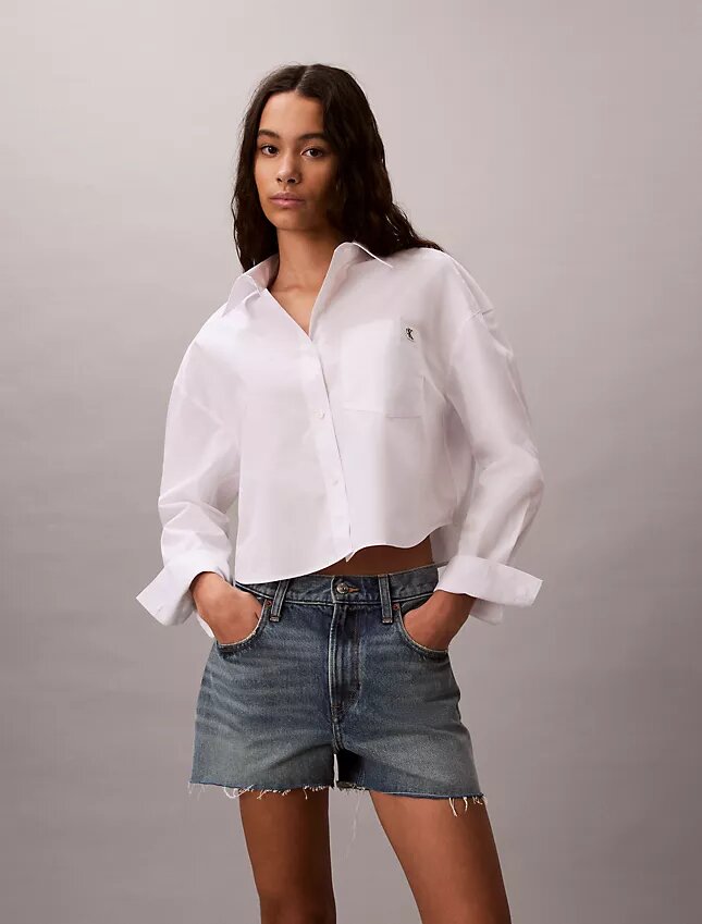 Camisa corta de corte cuadrado con botones de popelín de algodón Camisa corta de corte cuadrado con botones de popelín de algodón