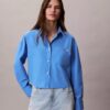 Camisa corta de corte cuadrado con botones de popelín de algodón Camisa corta de corte cuadrado con botones de popelín de algodón