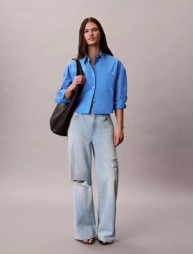 Camisa corta de corte cuadrado con botones de popelín de algodón