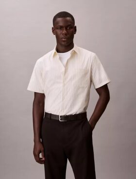 Camisa de algodón elástico a rayas, manga corta y botones