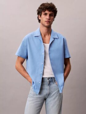Camisa de lino y algodón de manga corta con botones