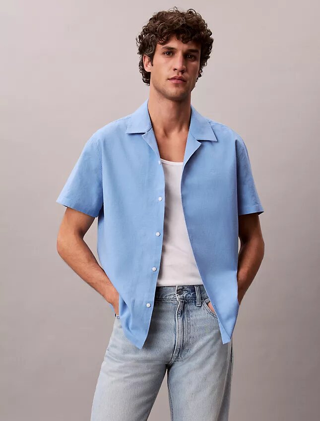 Camisa de lino y algodón de manga corta con botones Camisa de lino y algodón de manga corta con botones