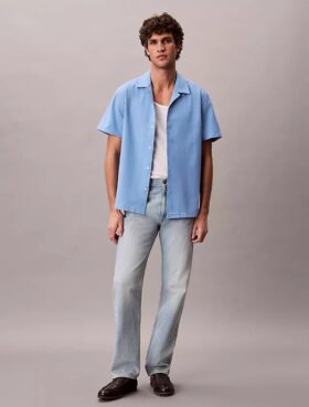 Camisa de lino y algodón de manga corta con botones