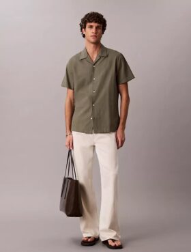 Camisa de lino y algodón de manga corta con botones