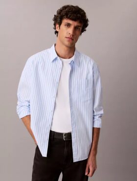 Camisa de popelín lavado con rayas teñidas en hilo