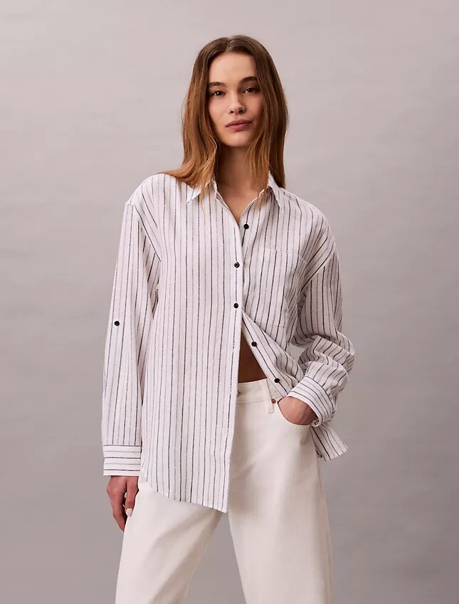 Camisa holgada con botones de mezcla de lino Camisa holgada con botones de mezcla de lino