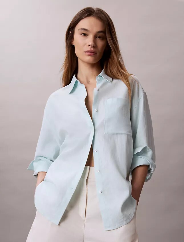 Camisa holgada con botones de mezcla de lino Camisa holgada con botones de mezcla de lino