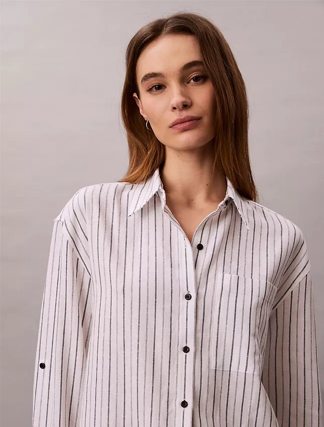 Camisa holgada con botones de mezcla de lino Camisa holgada con botones de mezcla de lino