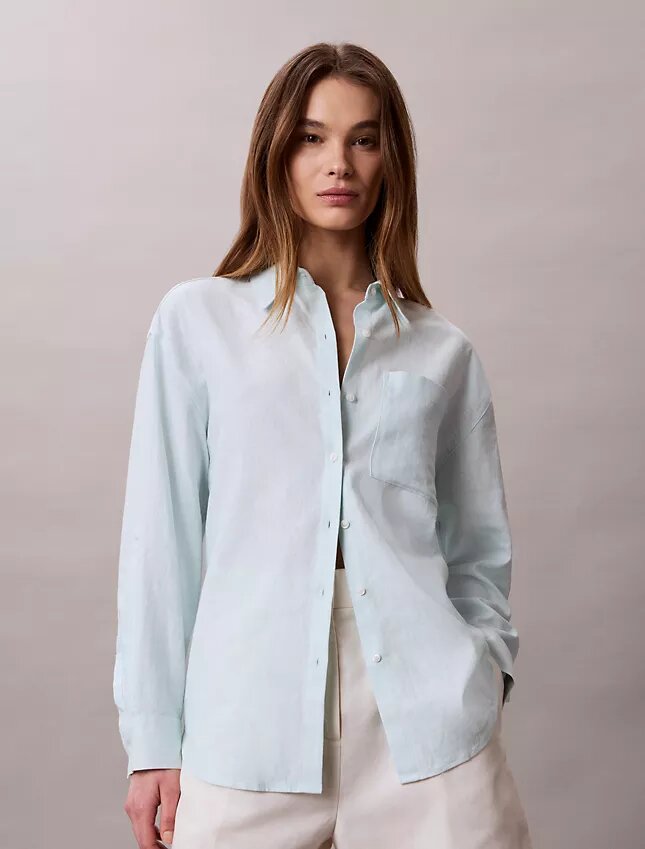 Camisa holgada con botones de mezcla de lino Camisa holgada con botones de mezcla de lino