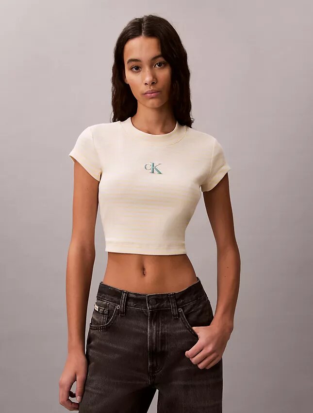 Camiseta de bebé de canalé a rayas con Monogram Camiseta de bebé de canalé a rayas con Monogram