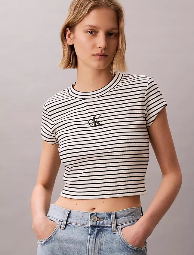 Camiseta de bebé de canalé a rayas con Monogram Camiseta de bebé de canalé a rayas con Monogram