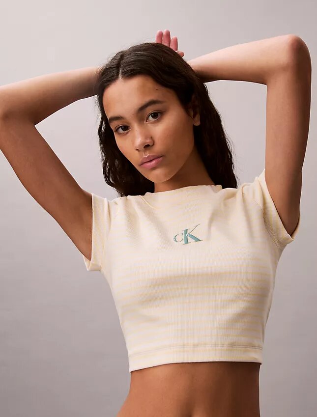 Camiseta de bebé de canalé a rayas con Monogram Camiseta de bebé de canalé a rayas con Monogram