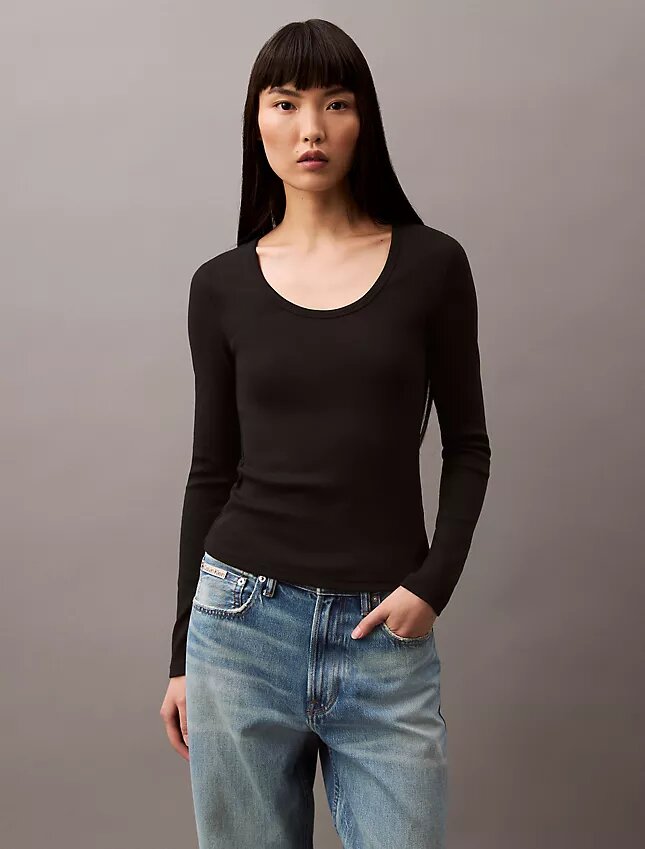 Camiseta de manga larga ajustada con ribete elástico de algodón Camiseta de manga larga ajustada con ribete elástico de algodón