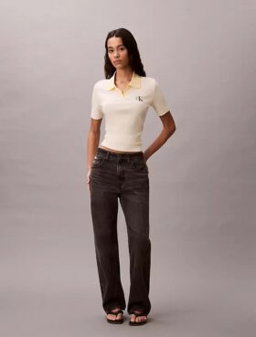 Camiseta polo de canalé a rayas con monólogo