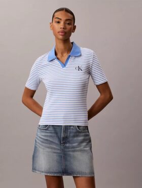 Camiseta polo de canalé a rayas con monólogo