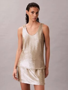 Camiseta sin mangas con cuello redondo y lentejuelas