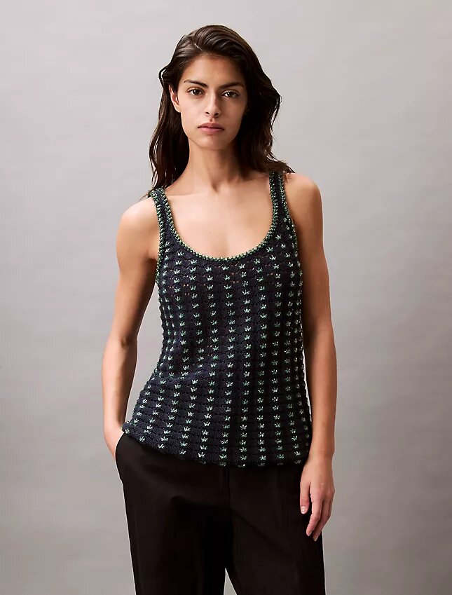 Camiseta sin mangas de algodón con ganchillo y abalorios Camiseta sin mangas de algodón con ganchillo y abalorios