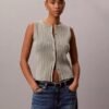 Camiseta sin mangas de algodón liso con cuello acanalado y botones Camiseta sin mangas de algodón liso con cuello acanalado y botones