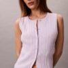 Camiseta sin mangas de algodón liso con cuello acanalado y botones Camiseta sin mangas de algodón liso con cuello acanalado y botones