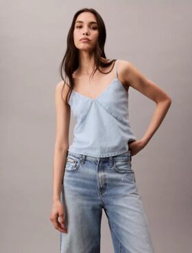 Camiseta sin mangas de Denim de mezcla de algodón y lino