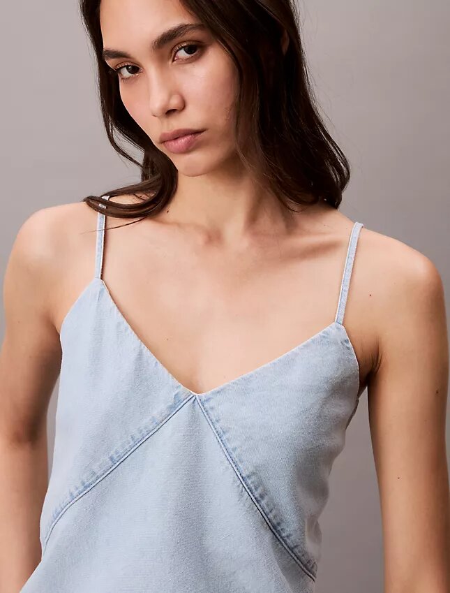 Camiseta sin mangas de Denim de mezcla de algodón y lino Camiseta sin mangas de Denim de mezcla de algodón y lino