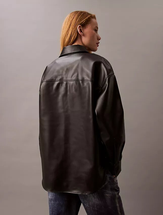 Chaqueta tipo camisa holgada de imitación de cuero Chaqueta tipo camisa holgada de imitación de cuero