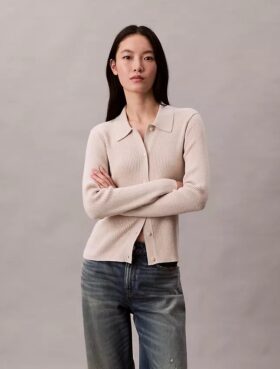 Cárdigan de punto elástico de mezcla de lana merino y lurex
