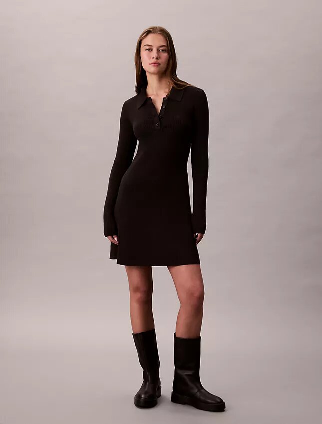 Minivestido polo de algodón acanalado con cuello en V Minivestido polo de algodón acanalado con cuello en V