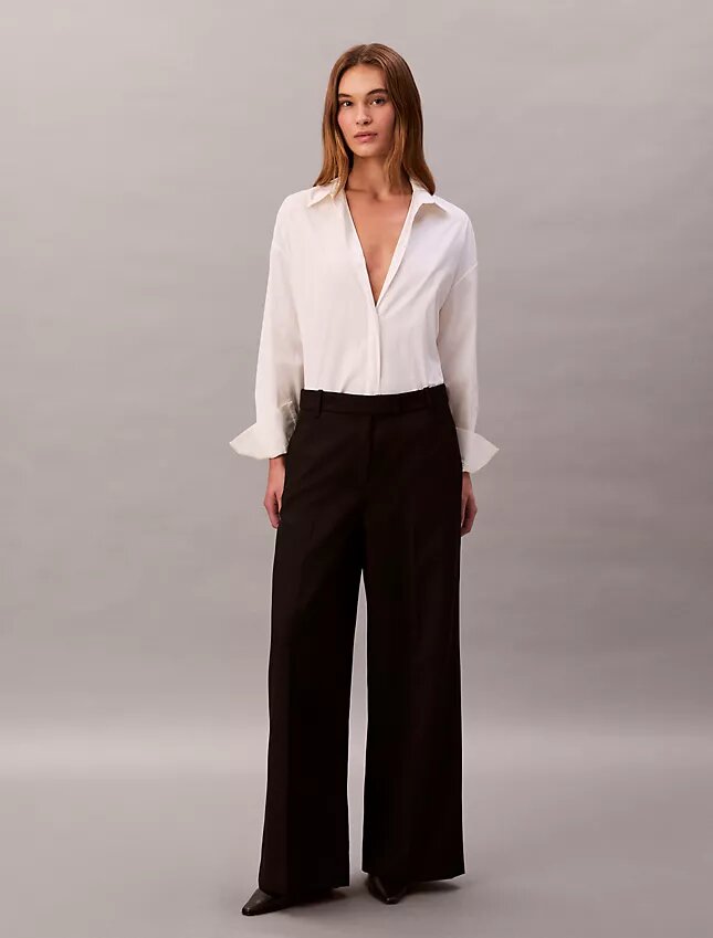 Pantalón de pierna ancha de gabardina de lana Pantalón de pierna ancha de gabardina de lana