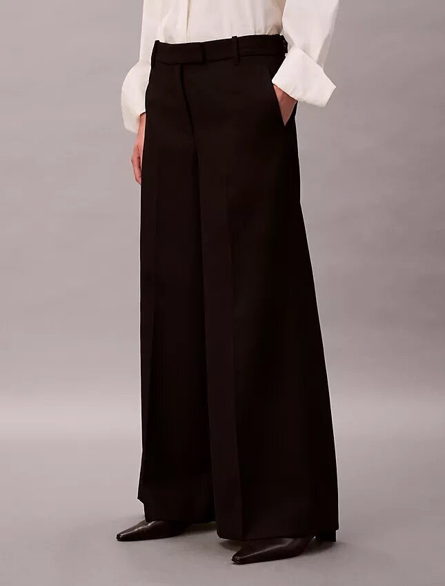 Pantalón de pierna ancha de gabardina de lana Pantalón de pierna ancha de gabardina de lana