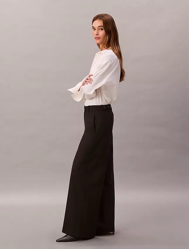 Pantalón de pierna ancha de gabardina de lana Pantalón de pierna ancha de gabardina de lana