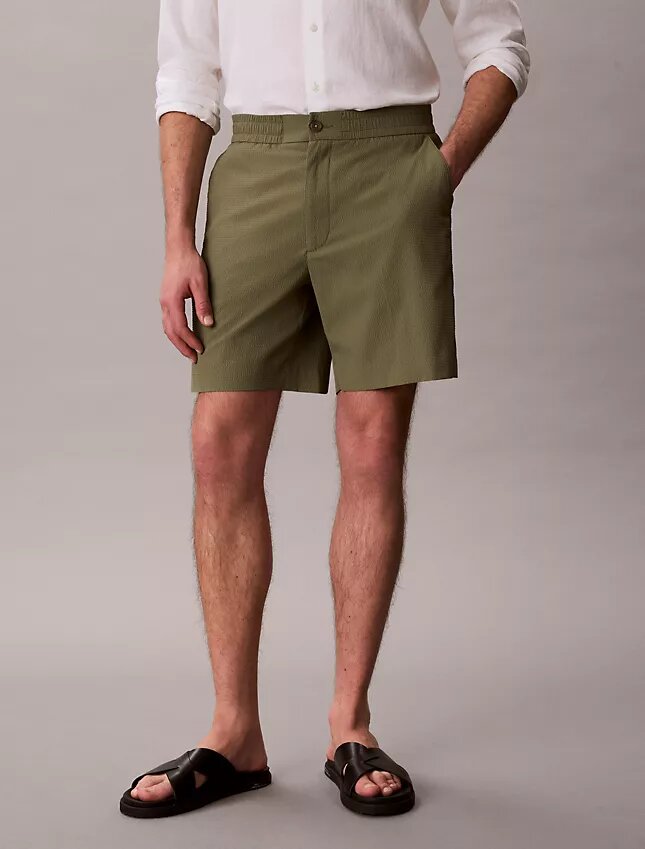 Pantalones cortos rectos de seersucker con cintura elástica de 18 cm Pantalones cortos rectos de seersucker con cintura elástica de 18 cm