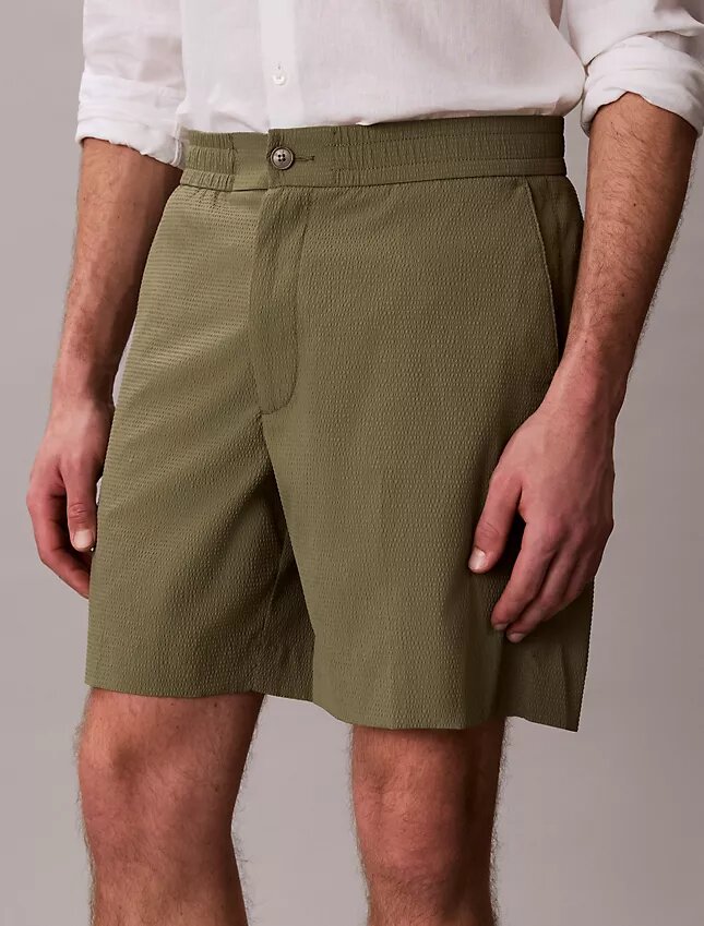 Pantalones cortos rectos de seersucker con cintura elástica de 18 cm Pantalones cortos rectos de seersucker con cintura elástica de 18 cm