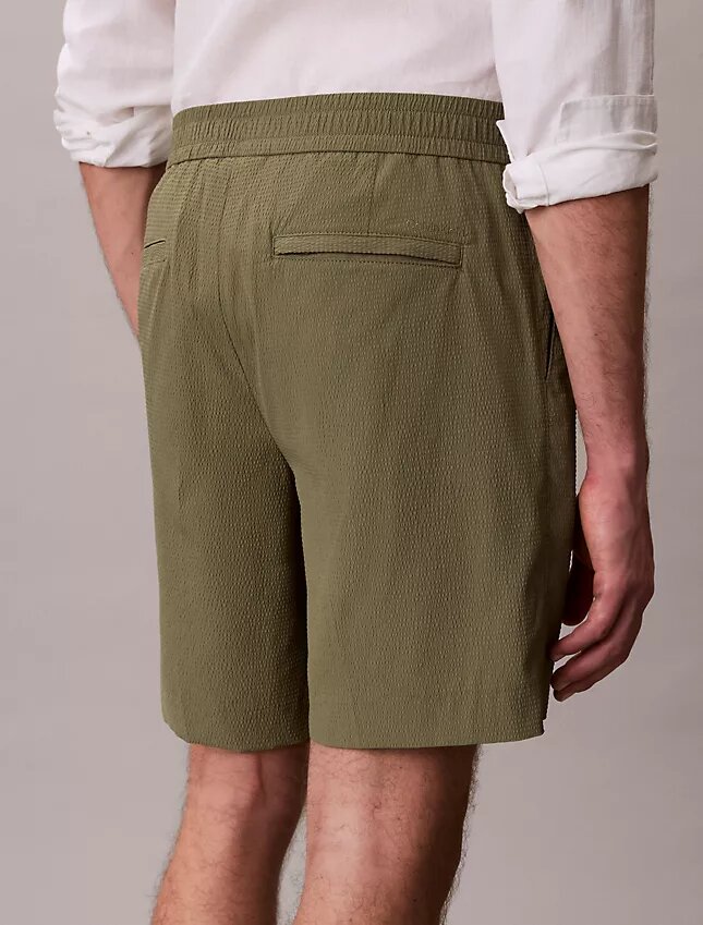 Pantalones cortos rectos de seersucker con cintura elástica de 18 cm Pantalones cortos rectos de seersucker con cintura elástica de 18 cm