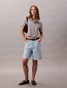 Pantalones cortos tipo bermuda de Denim holgado con mezcla de lino