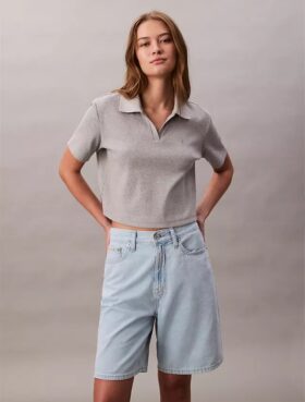 Pantalones cortos tipo bermuda de Denim holgado con mezcla de lino