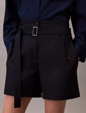 Pantalones cortos utilitarios de mezcla de lana con diseño en espiga Pantalones cortos utilitarios de mezcla de lana con diseño en espiga