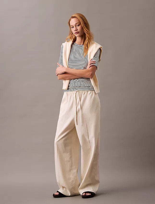 Pantalones de lino y algodón con cordón Pantalones de lino y algodón con cordón