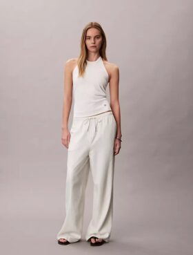 Pantalones de pierna ancha con cordón, mezcla de lino