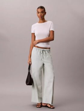 Pantalones de pierna ancha con cordón, mezcla de lino