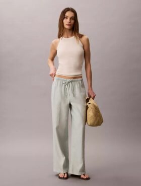 Pantalones de pierna ancha con cordón, mezcla de lino