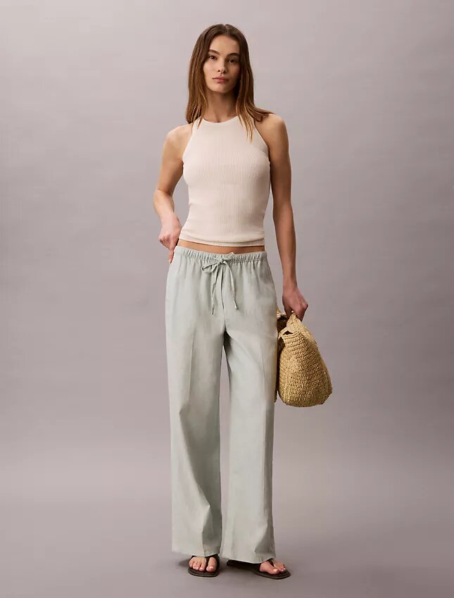 Pantalones de pierna ancha con cordón, mezcla de lino Pantalones de pierna ancha con cordón, mezcla de lino